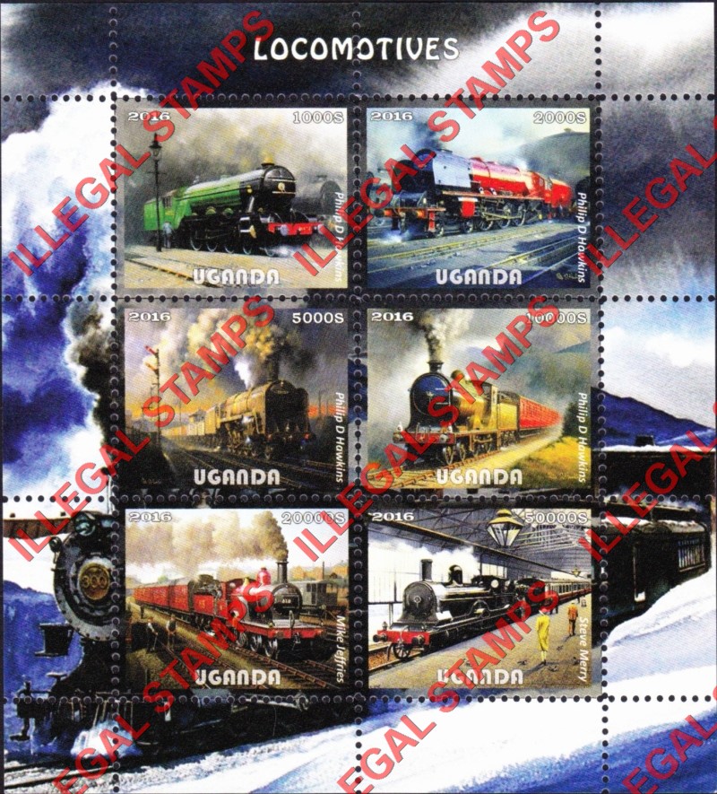 Uganda 2016 Locomotives Illegal Stamp Souvenir Sheet of 6 (Sheet 2) Uganda 2016 Locomotives Illegal Stamp Souvenir Sheet of 6 (Sheet 2)