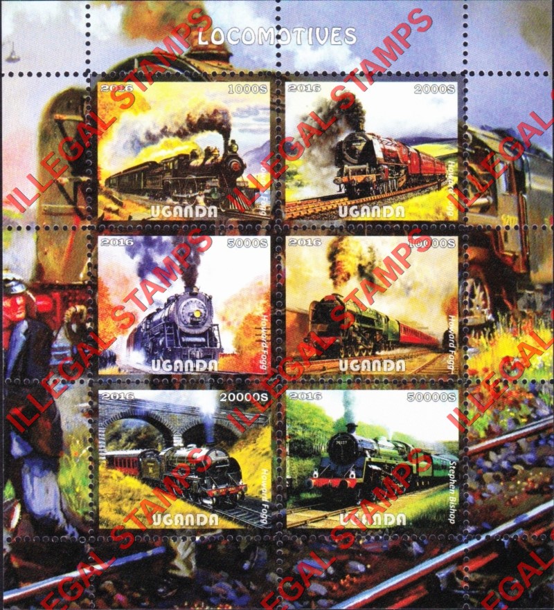 Uganda 2016 Locomotives Illegal Stamp Souvenir Sheet of 6 (Sheet 3) Uganda 2016 Locomotives Illegal Stamp Souvenir Sheet of 6 (Sheet 3)