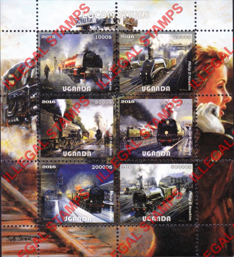 Uganda 2016 Locomotives Illegal Stamp Souvenir Sheet of 6 (Sheet 4) Uganda 2016 Locomotives Illegal Stamp Souvenir Sheet of 6 (Sheet 4)