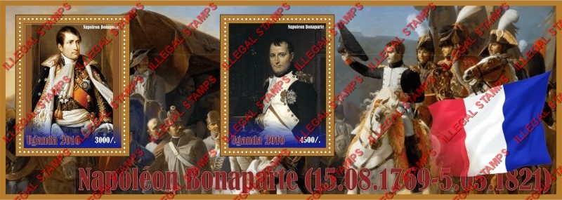 Uganda 2016 Napoleon Bonaparte Illegal Stamp Souvenir Sheet of 2 Uganda 2016 Napoleon Bonaparte Illegal Stamp Souvenir Sheet of 2
