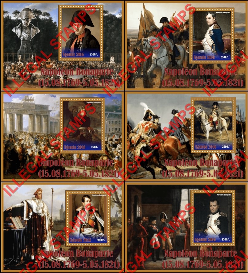 Uganda 2016 Napoleon Bonaparte Illegal Stamp Souvenir Sheets of 1 Uganda 2016 Napoleon Bonaparte Illegal Stamp Souvenir Sheets of 1