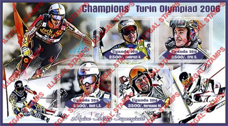 Uganda 2016 Olympic Champions in the Torino 2006 Olympic Games Alpine Skiing Illegal Stamp Souvenir Sheet of 4 Uganda 2016 Olympic Champions in the Torino 2006 Olympic Games Alpine Skiing Illegal Stamp Souvenir Sheet of 4