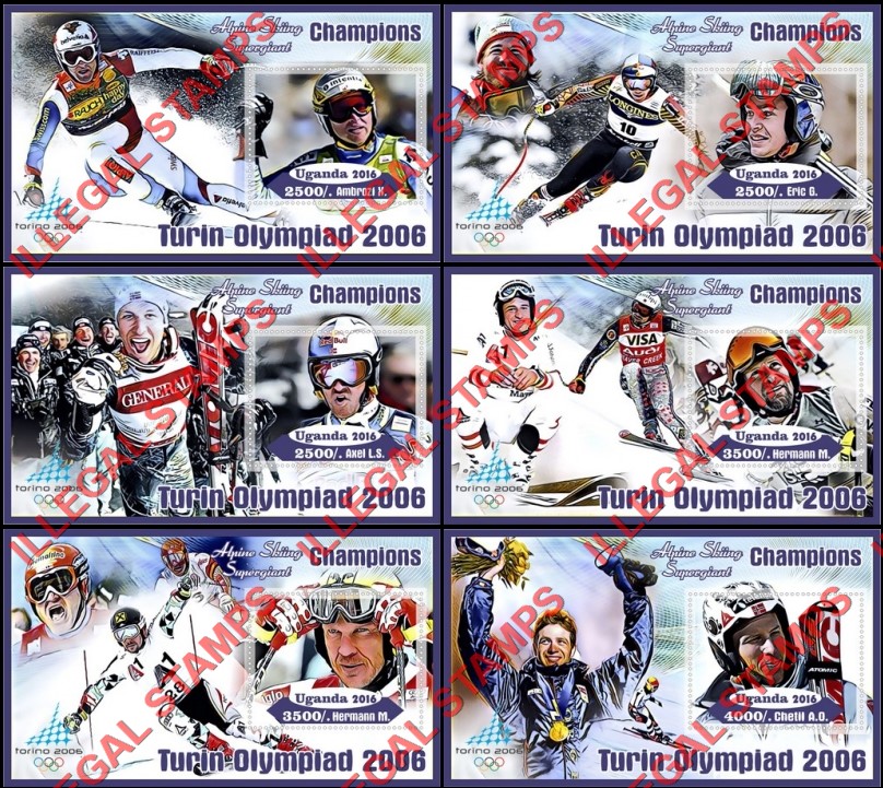 Uganda 2016 Olympic Champions in the Torino 2006 Olympic Games Alpine Skiing Illegal Stamp Souvenir Sheets of 1 Uganda 2016 Olympic Champions in the Torino 2006 Olympic Games Alpine Skiing Illegal Stamp Souvenir Sheets of 1