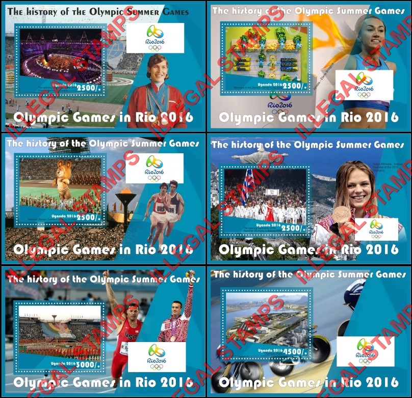 Uganda 2016 Olympic Games in Rio History of Summer Olympics Illegal Stamp Souvenir Sheets of 1 Uganda 2016 Olympic Games in Rio History of Summer Olympics Illegal Stamp Souvenir Sheets of 1