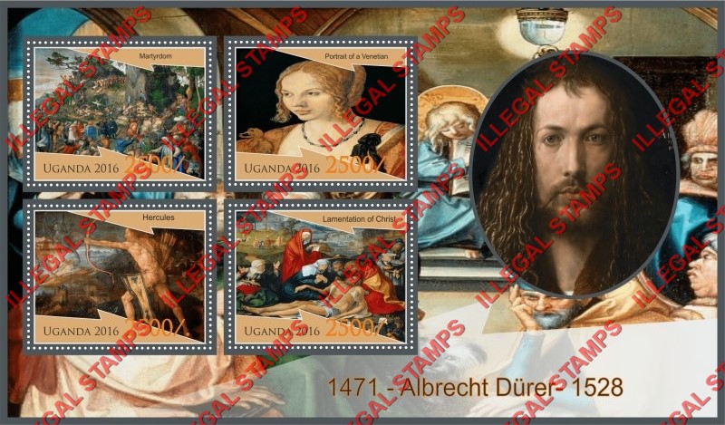 Uganda 2016 Paintings by Albrecht Durer Illegal Stamp Souvenir Sheet of 4 Uganda 2016 Paintings by Albrecht Durer Illegal Stamp Souvenir Sheet of 4