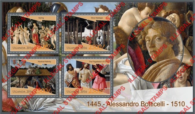 Uganda 2016 Paintings by Alessandro Botticelli Illegal Stamp Souvenir Sheet of 4 Uganda 2016 Paintings by Alessandro Botticelli Illegal Stamp Souvenir Sheet of 4