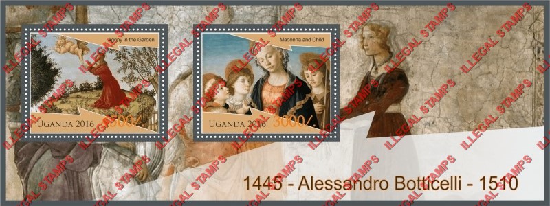 Uganda 2016 Paintings by Alessandro Botticelli Illegal Stamp Souvenir Sheet of 2 Uganda 2016 Paintings by Alessandro Botticelli Illegal Stamp Souvenir Sheet of 2