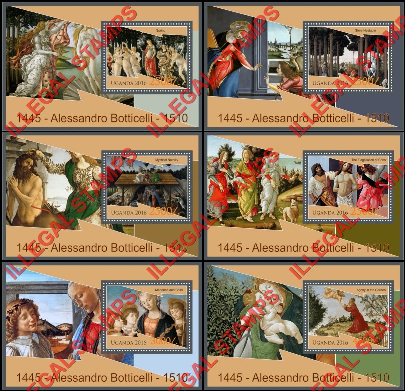 Uganda 2016 Paintings by Alessandro Botticelli Illegal Stamp Souvenir Sheets of 1 Uganda 2016 Paintings by Alessandro Botticelli Illegal Stamp Souvenir Sheets of 1
