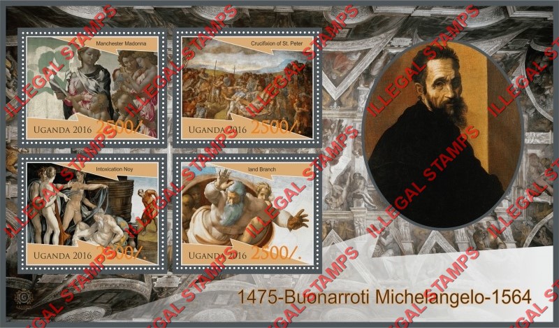 Uganda 2016 Paintings by Buonarroti Michelangelo Illegal Stamp Souvenir Sheet of 4 Uganda 2016 Paintings by Buonarroti Michelangelo Illegal Stamp Souvenir Sheet of 4