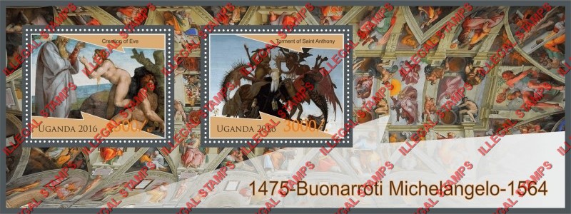 Uganda 2016 Paintings by Buonarroti Michelangelo Illegal Stamp Souvenir Sheet of 2 Uganda 2016 Paintings by Buonarroti Michelangelo Illegal Stamp Souvenir Sheet of 2