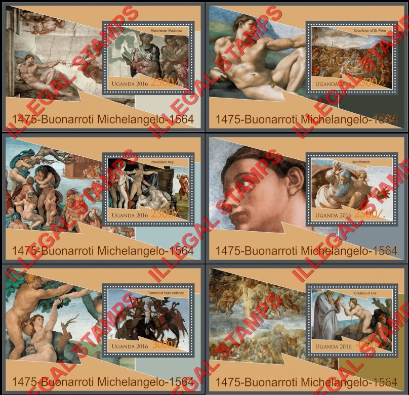 Uganda 2016 Paintings by Buonarroti Michelangelo Illegal Stamp Souvenir Sheets of 1 Uganda 2016 Paintings by Buonarroti Michelangelo Illegal Stamp Souvenir Sheets of 1