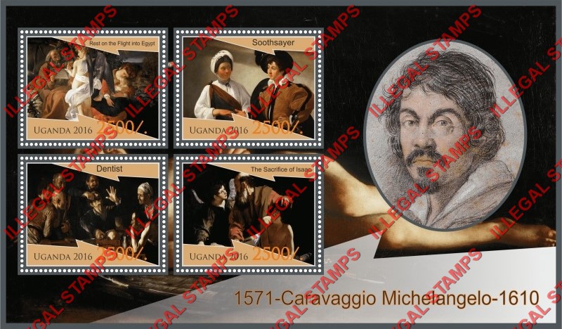 Uganda 2016 Paintings by Caravaggio Michelangelo Illegal Stamp Souvenir Sheet of 4 Uganda 2016 Paintings by Caravaggio Michelangelo Illegal Stamp Souvenir Sheet of 4