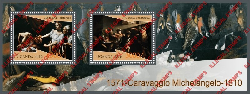 Uganda 2016 Paintings by Caravaggio Michelangelo Illegal Stamp Souvenir Sheet of 2 Uganda 2016 Paintings by Caravaggio Michelangelo Illegal Stamp Souvenir Sheet of 2