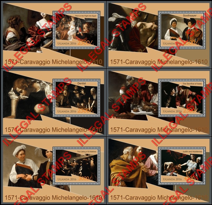 Uganda 2016 Paintings by Caravaggio Michelangelo Illegal Stamp Souvenir Sheets of 1 Uganda 2016 Paintings by Caravaggio Michelangelo Illegal Stamp Souvenir Sheets of 1