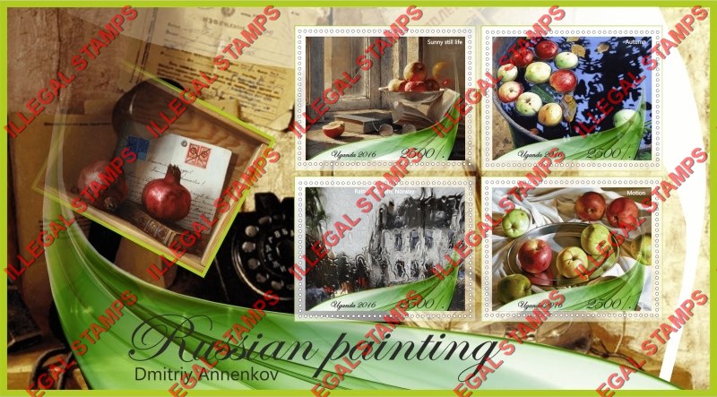 Uganda 2016 Paintings by Dmitriy Annenkov Illegal Stamp Souvenir Sheet of 4 Uganda 2016 Paintings by Dmitriy Annenkov Illegal Stamp Souvenir Sheet of 4