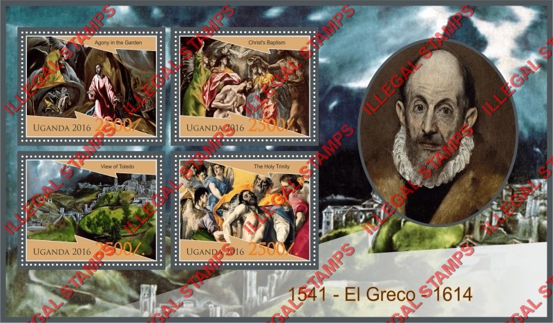 Uganda 2016 Paintings by El Greco Illegal Stamp Souvenir Sheet of 4 Uganda 2016 Paintings by El Greco Illegal Stamp Souvenir Sheet of 4