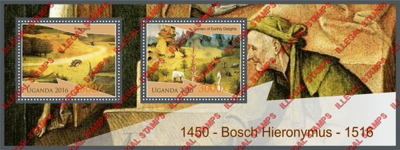 Uganda 2016 Paintings by Hieronymus Bosch Illegal Stamp Souvenir Sheet of 2 Uganda 2016 Paintings by Hieronymus Bosch Illegal Stamp Souvenir Sheet of 2