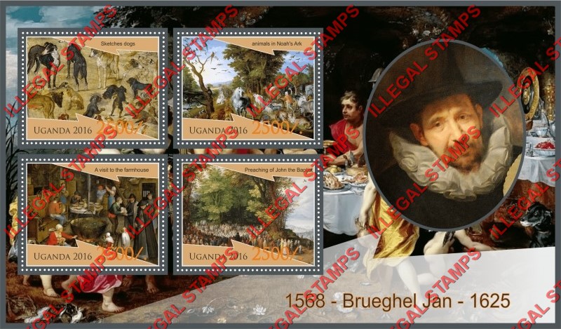Uganda 2016 Paintings by Jan Brueghel Illegal Stamp Souvenir Sheet of 4 Uganda 2016 Paintings by Jan Brueghel Illegal Stamp Souvenir Sheet of 4