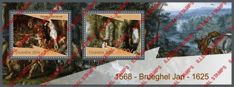 Uganda 2016 Paintings by Jan Brueghel Illegal Stamp Souvenir Sheet of 2 Uganda 2016 Paintings by Jan Brueghel Illegal Stamp Souvenir Sheet of 2