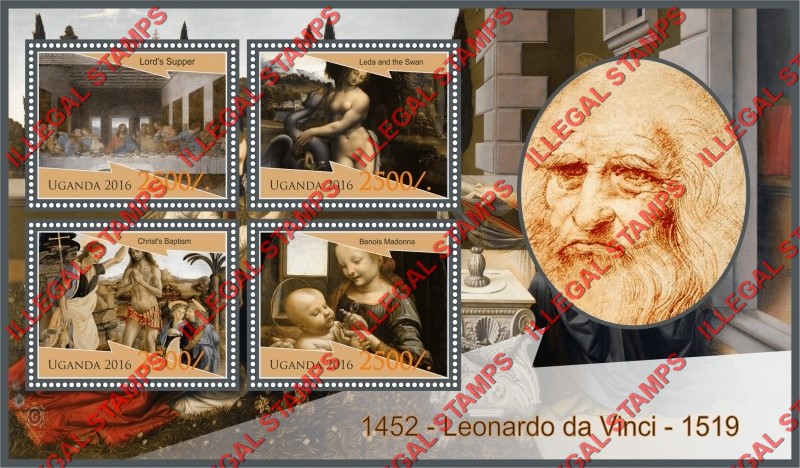 Uganda 2016 Paintings by Leonardo da Vinci Illegal Stamp Souvenir Sheet of 4 Uganda 2016 Paintings by Leonardo da Vinci Illegal Stamp Souvenir Sheet of 4
