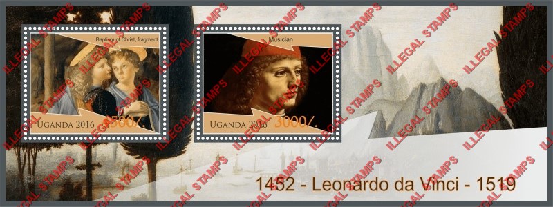 Uganda 2016 Paintings by Leonardo da Vinci Illegal Stamp Souvenir Sheet of 2 Uganda 2016 Paintings by Leonardo da Vinci Illegal Stamp Souvenir Sheet of 2