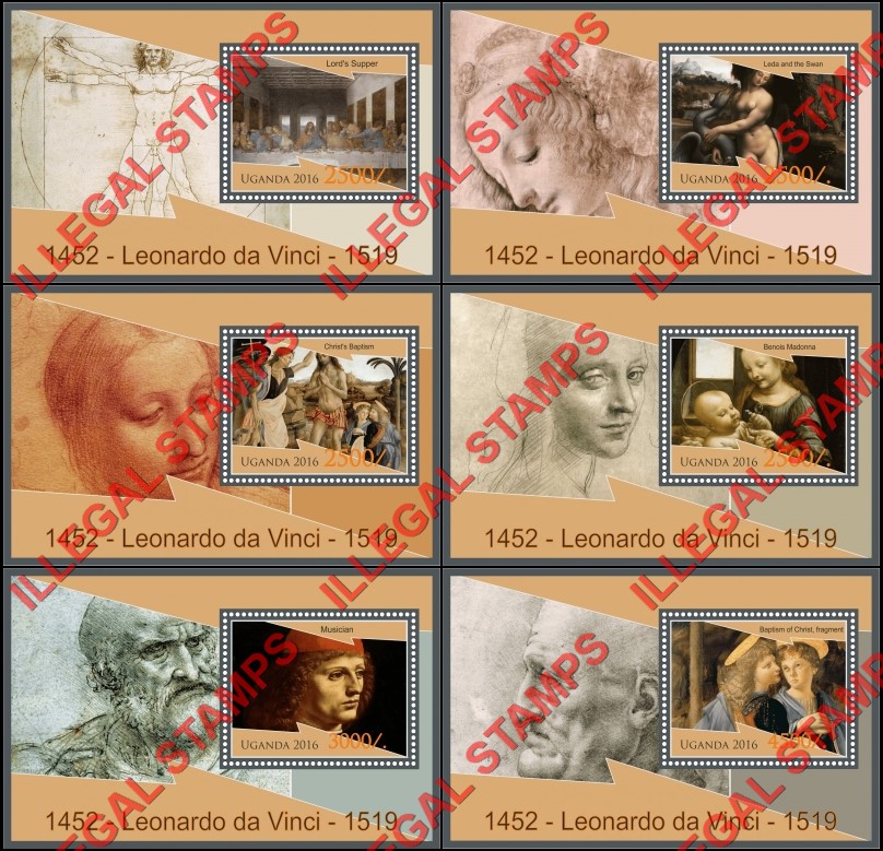 Uganda 2016 Paintings by Leonardo da Vinci Illegal Stamp Souvenir Sheets of 1 Uganda 2016 Paintings by Leonardo da Vinci Illegal Stamp Souvenir Sheets of 1