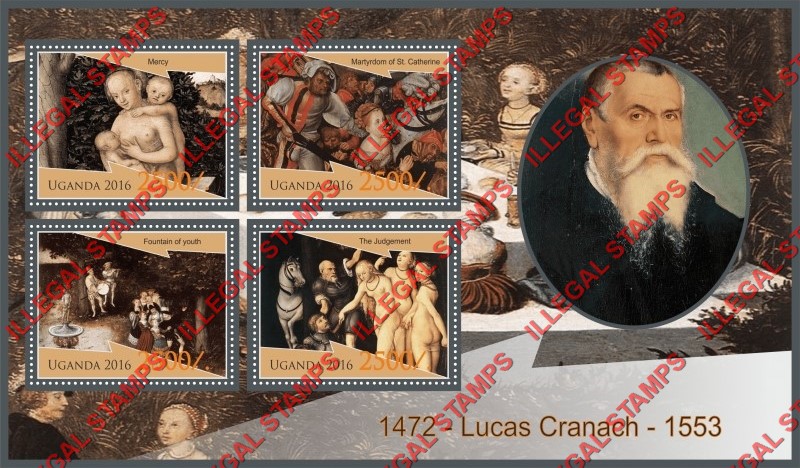 Uganda 2016 Paintings by Lucas Cranach Illegal Stamp Souvenir Sheet of 4 Uganda 2016 Paintings by Lucas Cranach Illegal Stamp Souvenir Sheet of 4