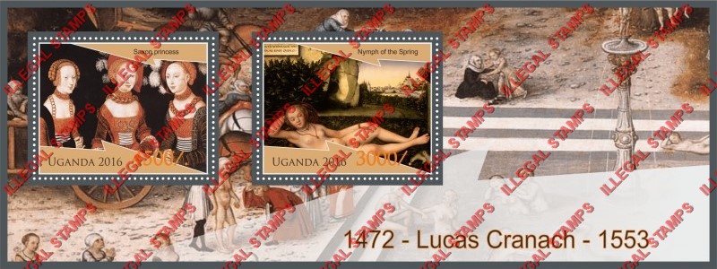 Uganda 2016 Paintings by Lucas Cranach Illegal Stamp Souvenir Sheet of 2 Uganda 2016 Paintings by Lucas Cranach Illegal Stamp Souvenir Sheet of 2