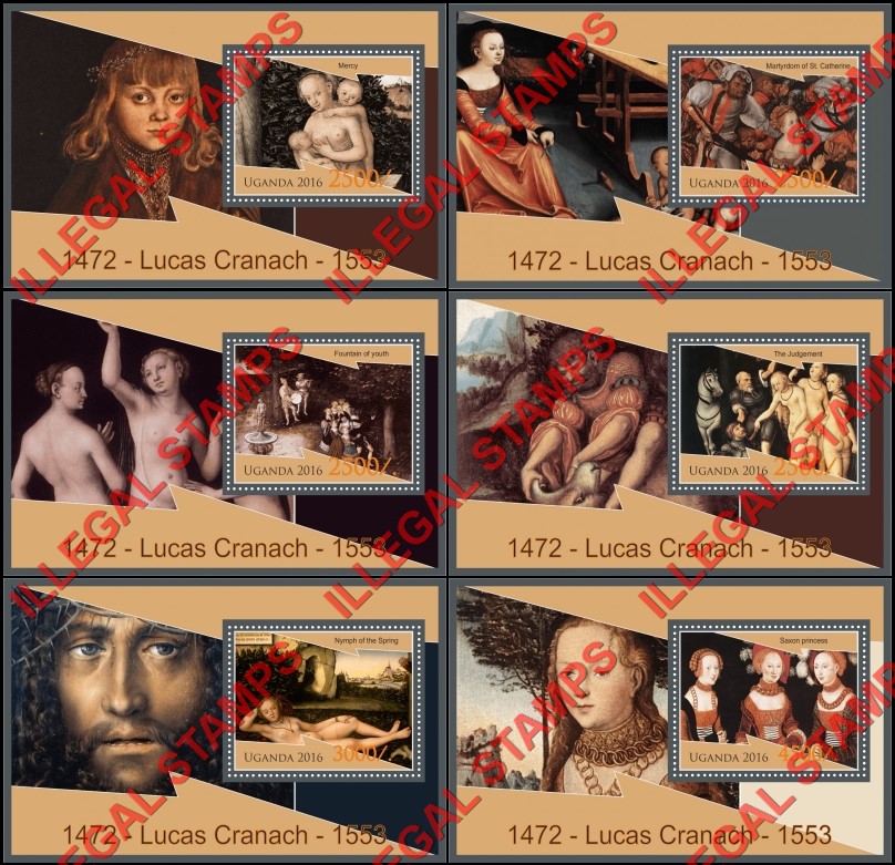 Uganda 2016 Paintings by Lucas Cranach Illegal Stamp Souvenir Sheets of 1 Uganda 2016 Paintings by Lucas Cranach Illegal Stamp Souvenir Sheets of 1