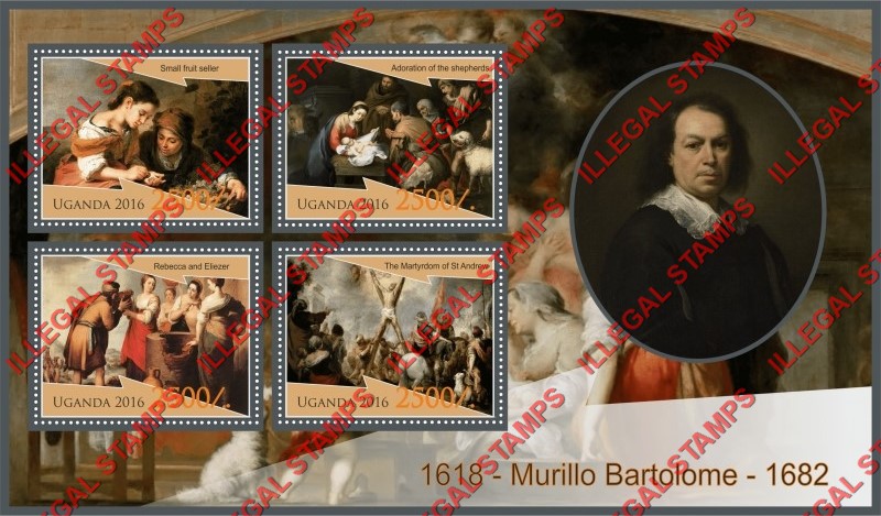 Uganda 2016 Paintings by Murillo Bartolome Illegal Stamp Souvenir Sheet of 4 Uganda 2016 Paintings by Murillo Bartolome Illegal Stamp Souvenir Sheet of 4