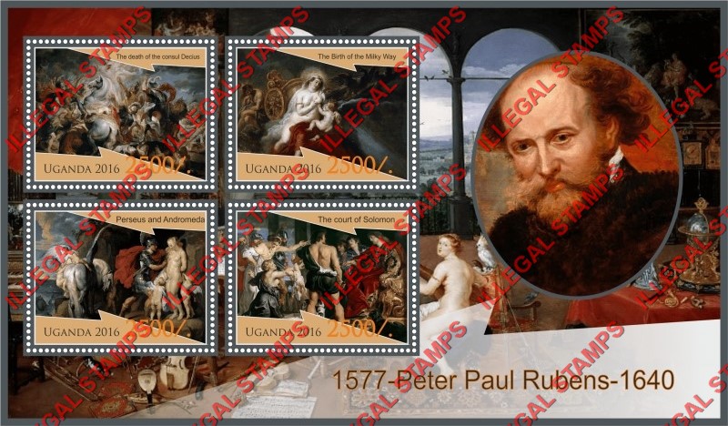 Uganda 2016 Paintings by Peter Paul Rubens Illegal Stamp Souvenir Sheet of 4 Uganda 2016 Paintings by Peter Paul Rubens Illegal Stamp Souvenir Sheet of 4