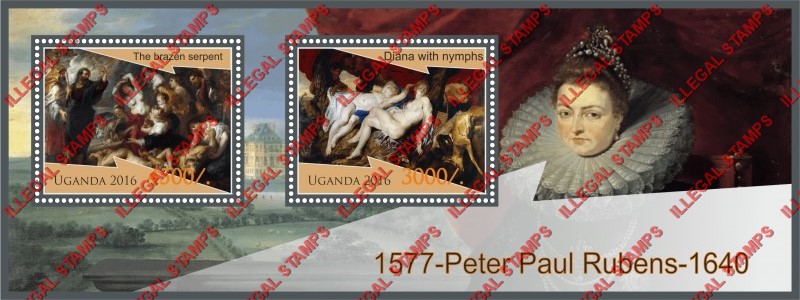 Uganda 2016 Paintings by Peter Paul Rubens Illegal Stamp Souvenir Sheet of 2 Uganda 2016 Paintings by Peter Paul Rubens Illegal Stamp Souvenir Sheet of 2