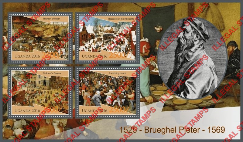 Uganda 2016 Paintings by Pieter Brueghel (The Elder) Illegal Stamp Souvenir Sheet of 4 Uganda 2016 Paintings by Pieter Brueghel (The Elder) Illegal Stamp Souvenir Sheet of 4