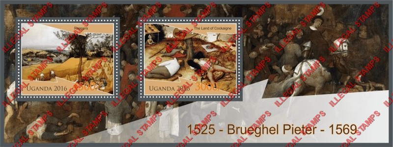 Uganda 2016 Paintings by Pieter Brueghel (The Elder) Illegal Stamp Souvenir Sheet of 2 Uganda 2016 Paintings by Pieter Brueghel (The Elder) Illegal Stamp Souvenir Sheet of 2