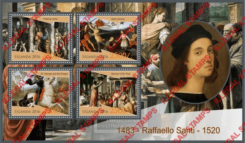 Uganda 2016 Paintings by Raffaello Santi Illegal Stamp Souvenir Sheet of 4 Uganda 2016 Paintings by Raffaello Santi Illegal Stamp Souvenir Sheet of 4