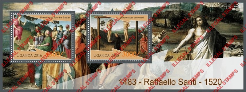 Uganda 2016 Paintings by Raffaello Santi Illegal Stamp Souvenir Sheet of 2 Uganda 2016 Paintings by Raffaello Santi Illegal Stamp Souvenir Sheet of 2