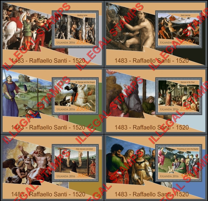 Uganda 2016 Paintings by Raffaello Santi Illegal Stamp Souvenir Sheets of 1 Uganda 2016 Paintings by Raffaello Santi Illegal Stamp Souvenir Sheets of 1