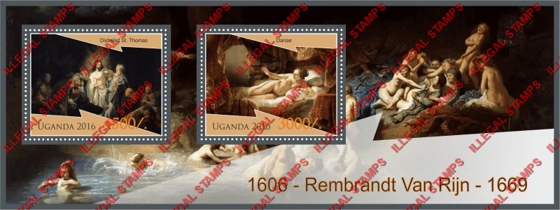 Uganda 2016 Paintings by Rembrandt Van Rijn Illegal Stamp Souvenir Sheet of 2 Uganda 2016 Paintings by Rembrandt Van Rijn Illegal Stamp Souvenir Sheet of 2