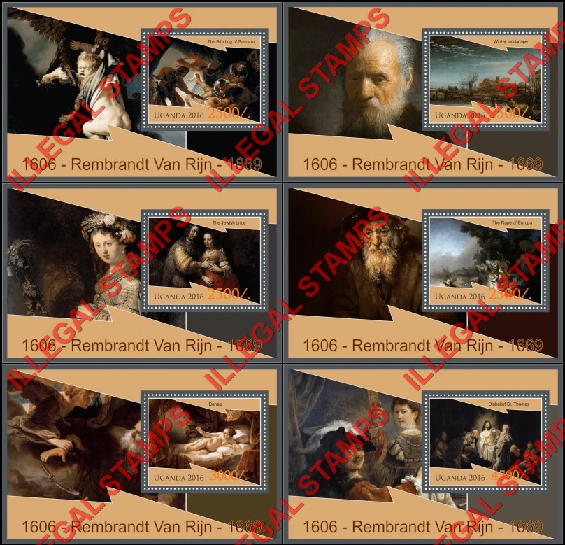 Uganda 2016 Paintings by Rembrandt Van Rijn Illegal Stamp Souvenir Sheets of 1 Uganda 2016 Paintings by Rembrandt Van Rijn Illegal Stamp Souvenir Sheets of 1