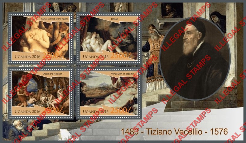 Uganda 2016 Paintings by Tiziano Vecellio Illegal Stamp Souvenir Sheet of 4 Uganda 2016 Paintings by Tiziano Vecellio Illegal Stamp Souvenir Sheet of 4