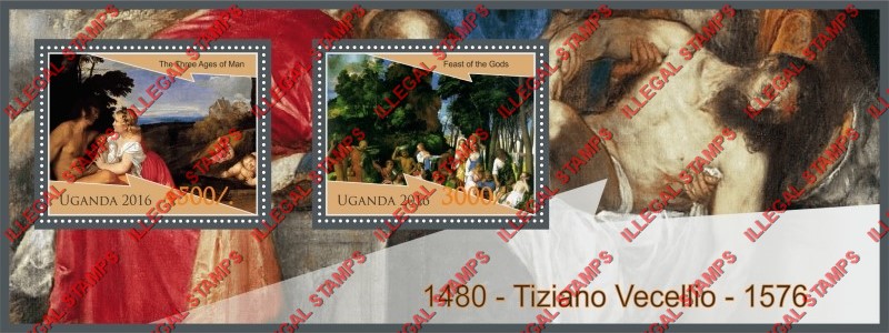 Uganda 2016 Paintings by Tiziano Vecellio Illegal Stamp Souvenir Sheet of 2 Uganda 2016 Paintings by Tiziano Vecellio Illegal Stamp Souvenir Sheet of 2