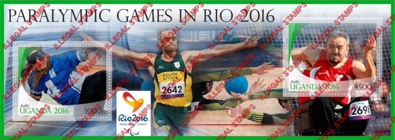 Uganda 2016 Paralympic Games in Rio Illegal Stamp Souvenir Sheet of 2 Uganda 2016 Paralympic Games in Rio Illegal Stamp Souvenir Sheet of 2