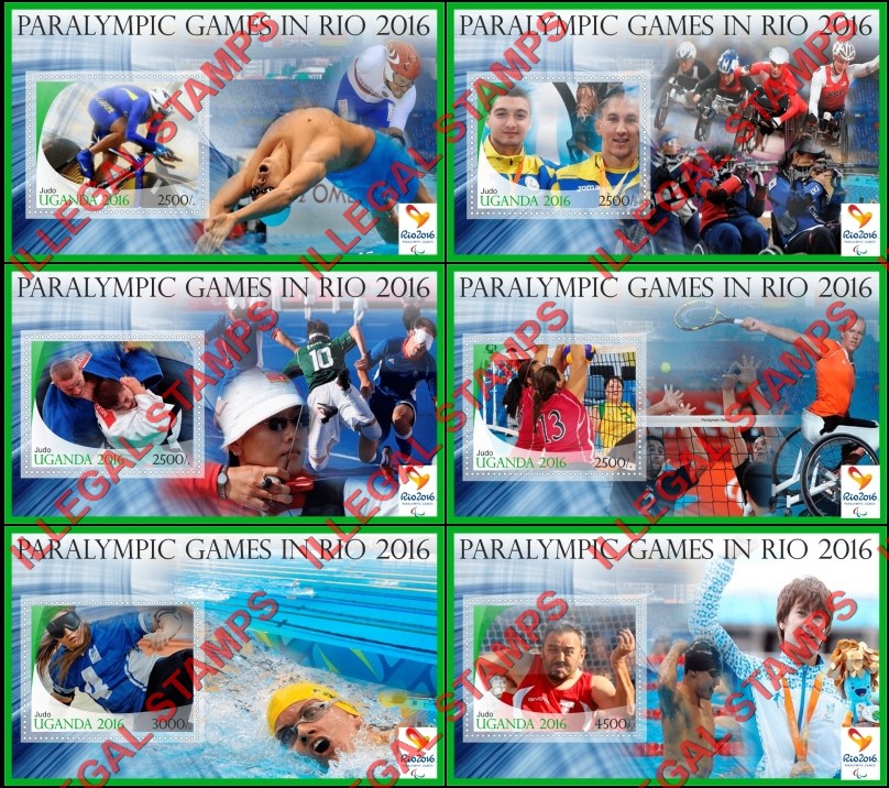 Uganda 2016 Paralympic Games in Rio Illegal Stamp Souvenir Sheets of 1 Uganda 2016 Paralympic Games in Rio Illegal Stamp Souvenir Sheets of 1