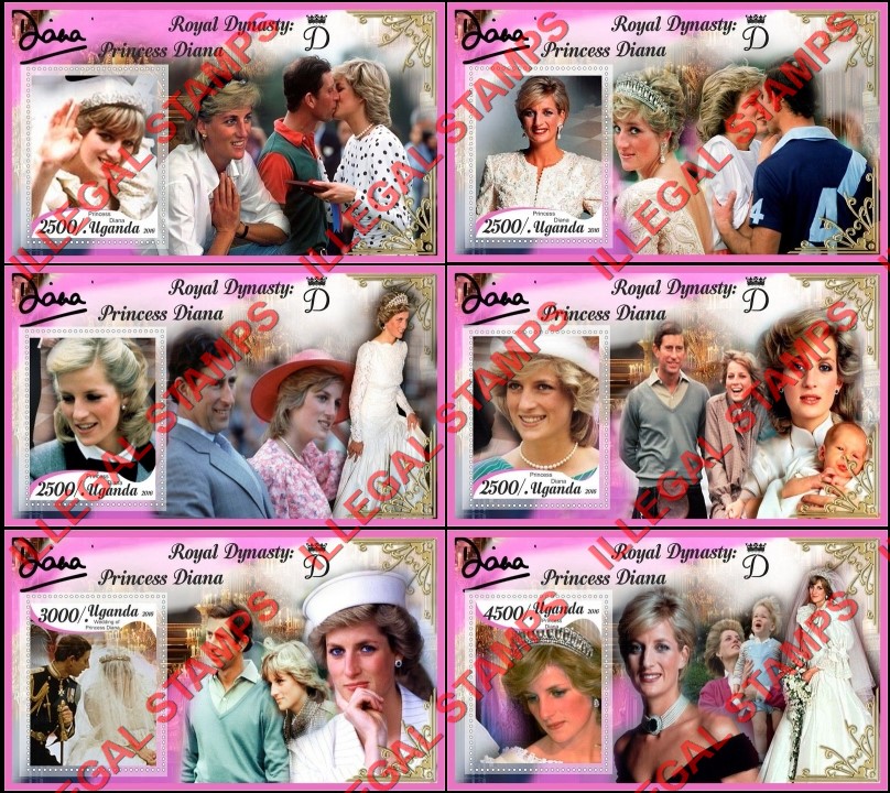 Uganda 2016 Princess Diana Illegal Stamp Souvenir Sheets of 1 Uganda 2016 Princess Diana Illegal Stamp Souvenir Sheets of 1