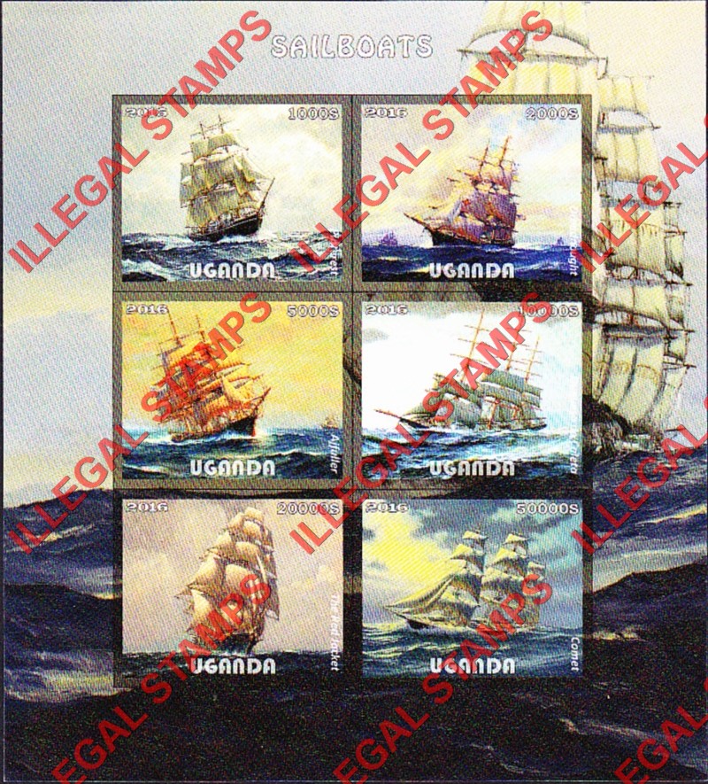Uganda 2016 Sailboats Illegal Stamp Souvenir Sheet of 6 Uganda 2016 Sailboats Illegal Stamp Souvenir Sheet of 6