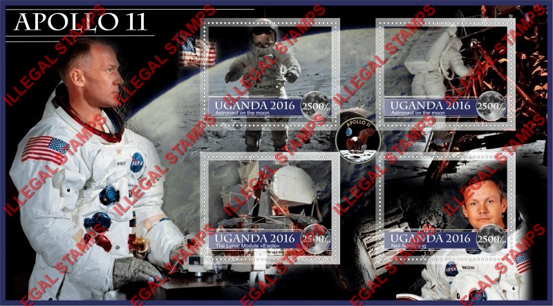 Uganda 2016 Space Apollo 11 Illegal Stamp Souvenir Sheet of 4 Uganda 2016 Space Apollo 11 Illegal Stamp Souvenir Sheet of 4