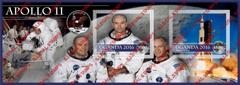 Uganda 2016 Space Apollo 11 Illegal Stamp Souvenir Sheet of 2 Uganda 2016 Space Apollo 11 Illegal Stamp Souvenir Sheet of 2
