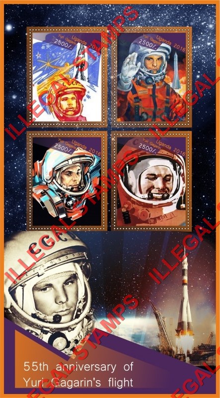 Uganda 2016 Space Yuri Gagarin Illegal Stamp Souvenir Sheet of 4 Uganda 2016 Space Yuri Gagarin Illegal Stamp Souvenir Sheet of 4