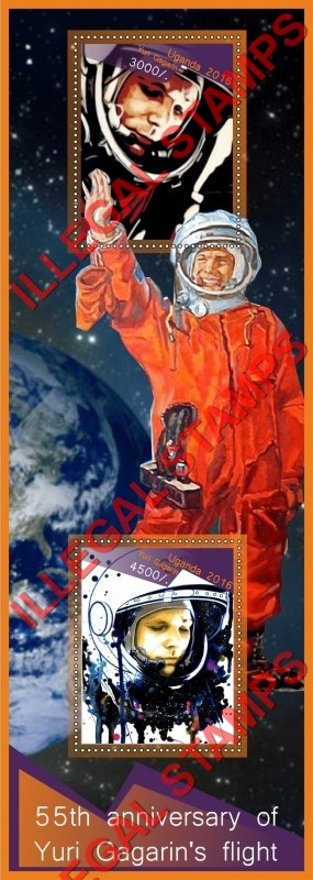 Uganda 2016 Space Yuri Gagarin Illegal Stamp Souvenir Sheet of 2 Uganda 2016 Space Yuri Gagarin Illegal Stamp Souvenir Sheet of 2