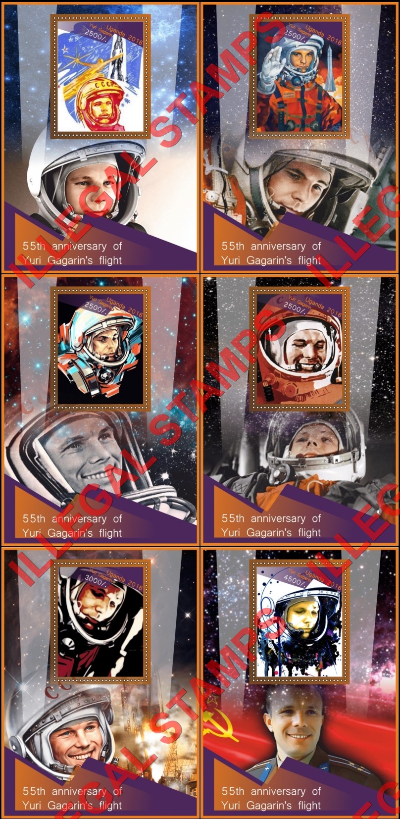 Uganda 2016 Space Yuri Gagarin Illegal Stamp Souvenir Sheets of 1 Uganda 2016 Space Yuri Gagarin Illegal Stamp Souvenir Sheets of 1